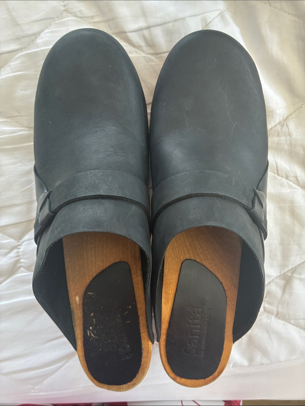 Sanita Manuella Black Leather Slip-On Clogs